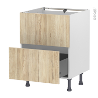 Meuble de cuisine - Sous évier - Faux tiroir haut - IKORO Chêne clair - 1 tiroir - L60 x H70 x P58 cm