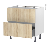 Meuble de cuisine - Sous évier - Faux tiroir haut - IKORO Chêne clair - 1 tiroir - L80 x H70 x P58 cm