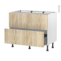 Meuble de cuisine - Sous évier - Faux tiroir haut - IKORO Chêne clair - 1 tiroir - L100 x H70 x P58 cm