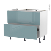 Meuble de cuisine - Sous évier - Faux tiroir haut - KERIA Bleu - 1 tiroir - L100 x H70 x P58 cm