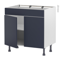 Meuble de cuisine - Bas - Faux tiroir haut - TIA Bleu nuit - 2 portes - L80 x H70 x P58 cm