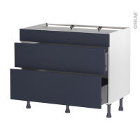 Meuble de cuisine - Casserolier - Faux tiroir haut - TIA Bleu nuit - 2 tiroirs - L100 x H70 x P58 cm