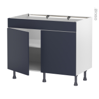 Meuble de cuisine - Bas - Faux tiroir haut - TIA Bleu nuit - 2 portes - L100 x H70 x P58 cm