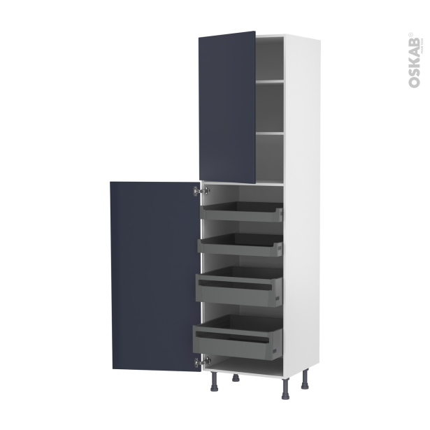 Colonne de cuisine N°2427 Armoire de rangement <br />TIA Bleu nuit, 4 tiroirs à l'anglaise, L60 x H217 x P58 cm 