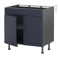 Meuble de cuisine gris - Bas - Faux tiroir haut - TIA Bleu nuit - 2 portes - L80 x H70 x P58 cm