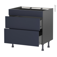 Meuble de cuisine gris - Casserolier - Faux tiroir haut - TIA Bleu nuit - 2 tiroirs - L80 x H70 x P58 cm