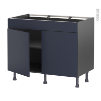 Meuble de cuisine gris - Bas - Faux tiroir haut - TIA Bleu nuit - 2 portes - L100 x H70 x P58 cm