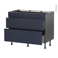 Meuble de cuisine gris - Casserolier - Faux tiroir haut - TIA Bleu nuit - 2 tiroirs - L100 x H70 x P58 cm