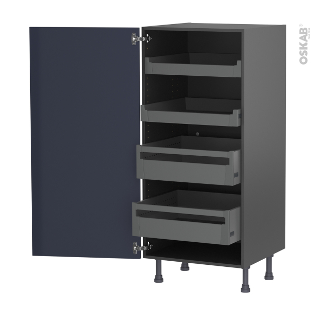 Colonne de cuisine N°27 gris Armoire de rangement <br />TIA Bleu nuit, 4 tiroirs à l'anglaise, L60 x H125 x P58 cm 