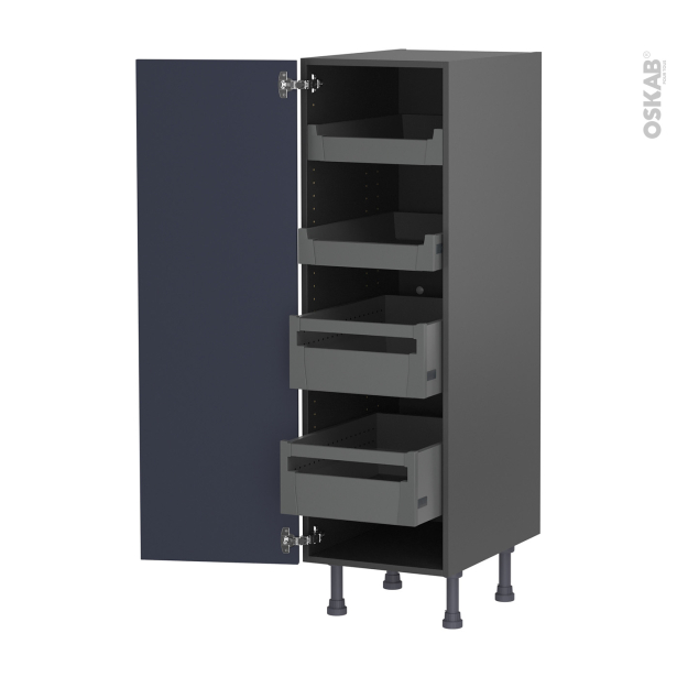 Colonne de cuisine N°26 gris Armoire de rangement <br />TIA Bleu nuit, 4 tiroirs à l'anglaise, L40 x H125 x P58 cm 