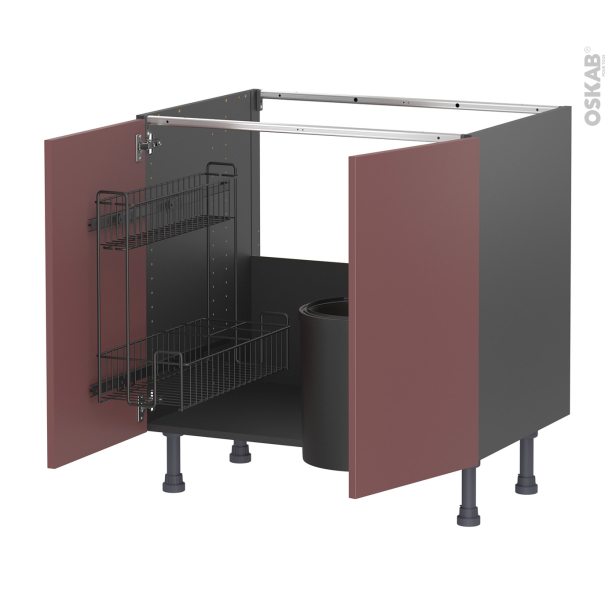 Meuble de cuisine gris Sous évier <br />TIA Rouge terracotta, 2 portes lessiviel poubelle ronde, L80 x H70 x P58 cm 