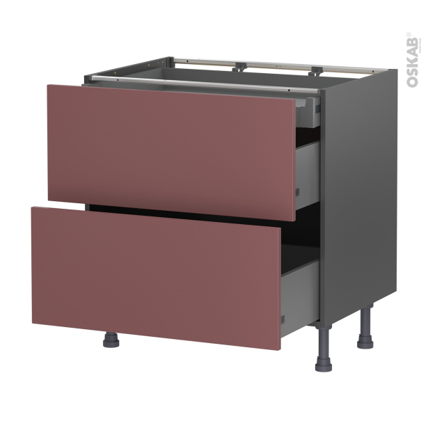 Meuble de cuisine gris Casserolier <br />TIA Rouge terracotta, 2 tiroirs 1 tiroir à l'anglaise, L80 x H70 x P58 cm 