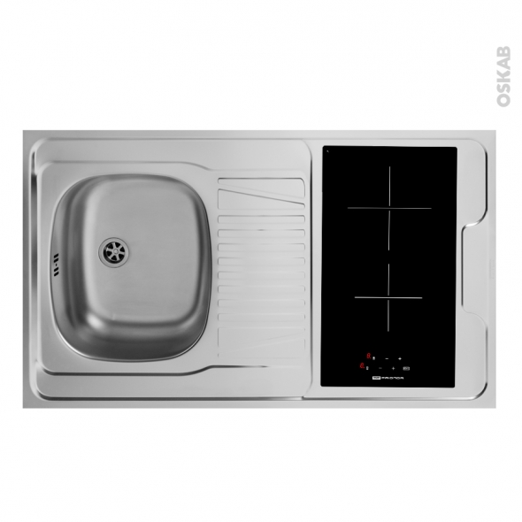 Bloc évier pour kitchenette - plaque de cuisson vitrocéramique - 4 sécurités - L100 x P60 cm - SOKLEO