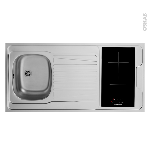 Bloc évier pour kitchenette plaque de cuisson vitrocéramique <br />4 sécurités, L120 x P60 cm, SOKLEO 