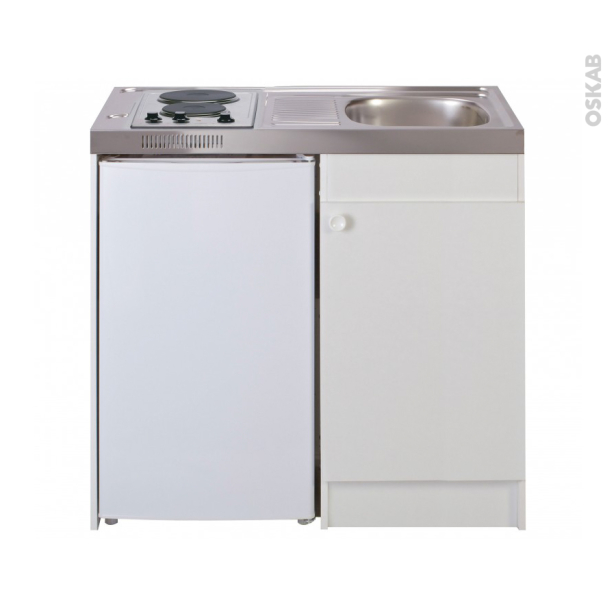 Kitchenette électrique avec minuteur Meuble sous évier blanc <br />Avec Réfrigérateur, L100 x H93 x P60 cm, SOKLEO 