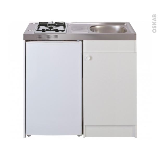 Kitchenette gaz Meuble sous évier blanc<br />Avec Réfrigérateur, L100 x H93 x P60 cm, SOKLEO 