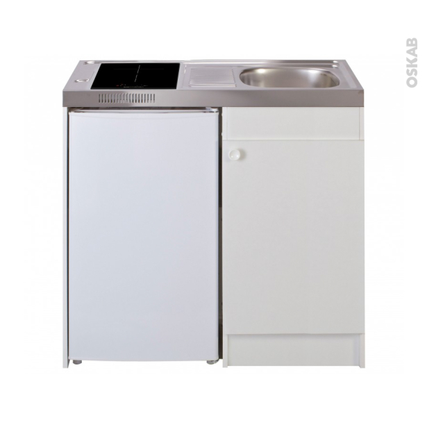 Kitchenette vitrocéramique 4 sécurités <br />Meuble sous évier blanc, Avec Réfrigérateur, L100 x H93 x P60 cm, SOKLEO 