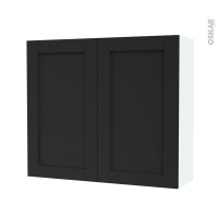 Armoire de salle de bains - Rangement haut - AVARA Frêne Noir - 2 portes - Côtés blancs - L80 x H70 x P27 cm