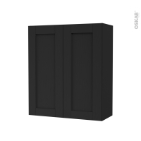 Armoire de salle de bains - Rangement haut - AVARA Frêne Noir - 2 portes - Côtés décors - L60 x H70 x P27 cm