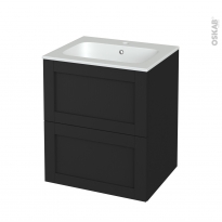 Meuble de salle de bains - Plan vasque REZO - AVARA Frêne Noir - 2 tiroirs - Côtés décors - L60,5 x H71,5 x P50,5 cm