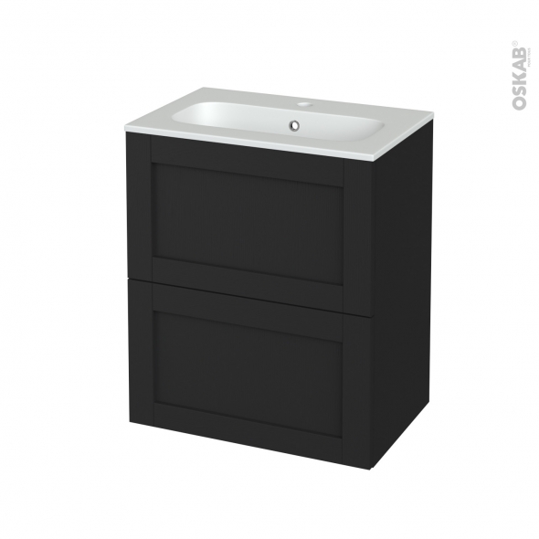 Meuble de salle de bains - Plan vasque REZO - AVARA Frêne Noir - 2 tiroirs - Côtés décors - L60,5 x H71,5 x P40,5 cm