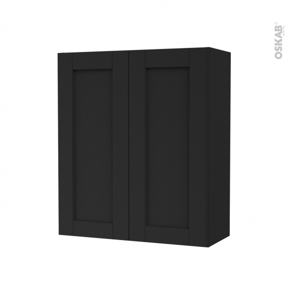 Armoire de salle de bains - Rangement haut - AVARA Frêne Noir - 2 portes - Côtés décors - L60 x H70 x P27 cm