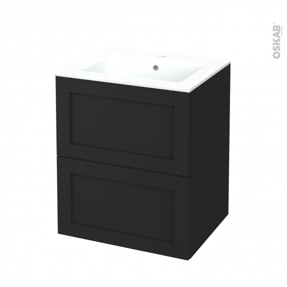 Meuble de salle de bains - Plan vasque NAJA - AVARA Frêne Noir - 2 tiroirs - Côtés décors - L60,5 x H71,5 x P50,5 cm