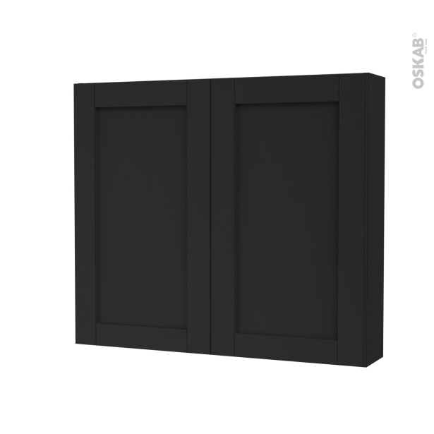 Armoire de toilette Rangement haut <br />AVARA Frêne Noir, 2 portes, Côtés décors, L80 x H70 x P17 cm 