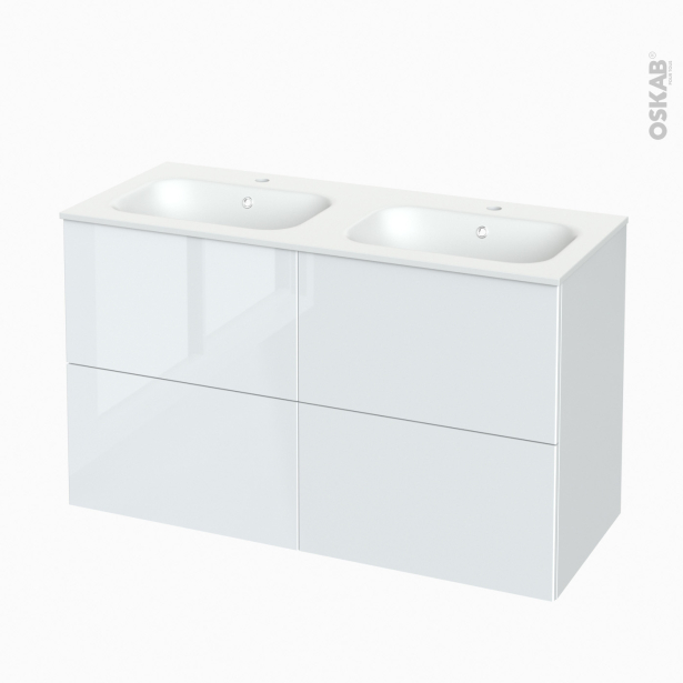 Meuble de salle de bains Plan double vasque NEMA <br />BORA Blanc, 4 tiroirs, Côtés décors, L120.5 x H71.5 x P50,6 cm 