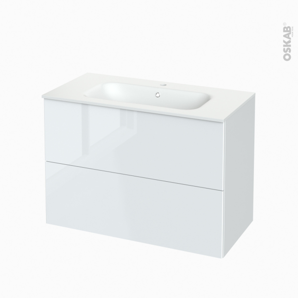 Meuble de salle de bains Plan vasque NEMA <br />BORA Blanc, 2 tiroirs, Côtés décors, L100.5 x H71.5 x P50,6 cm 