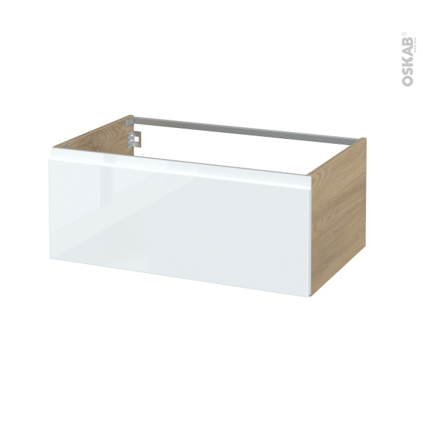 Meuble de salle de bains Sous vasque <br />IPOMA Blanc brillant, 1 tiroir, Côtés HOSTA Chêne prestige, L80 x H35 x P50 cm 