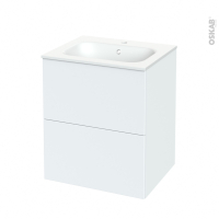 Meuble de salle de bains - Plan vasque REZO - HELIA Blanc - 2 tiroirs - Côtés décors - L60,5 x H71,5 x P50,5 cm
