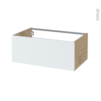 Meuble de salle de bains - Rangement bas - HELIA Blanc - 1 tiroir - Côtés HOSTA Chêne prestige - L80 x H35 x P50 cm