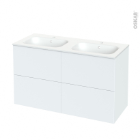 Meuble de salle de bains - Plan double vasque REZO - HELIA Blanc - 4 tiroirs - Côtés décors - L120,5 x H71,5 x P50,5 cm