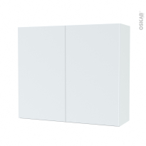 Armoire de salle de bains - Rangement haut - HELIA Blanc - 2 portes - Côtés décors - L80 x H70 x P27 cm