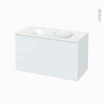 Meuble de salle de bains - Plan vasque NEMA - HELIA Blanc - 2 tiroirs - Côtés décors - L100,5 x H58,5 x P50,6 cm