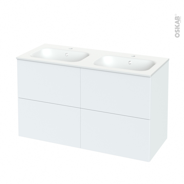 Meuble de salle de bains Plan double vasque REZO <br />HELIA Blanc, 4 tiroirs, Côtés décors, L120,5 x H71,5 x P50,5 cm 