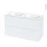 #Meuble de salle de bains Plan double vasque REZO <br />HELIA Blanc, 4 tiroirs, Côtés décors, L120,5 x H71,5 x P50,5 cm 