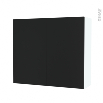Armoire de salle de bains - Rangement haut - HELIA Noir - 2 portes - Côtés blancs - L80 x H70 x P27 cm