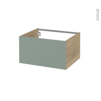 Meuble de salle de bains - Rangement bas - HELIA Vert - 1 tiroir - Côtés HOSTA Chêne prestige - L60 x H35 x P50 cm