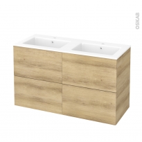 Meuble de salle de bains - Plan double vasque NAJA - HOSTA Chêne Naturel - 4 tiroirs - Côtés décors - L120,5 x H71,5 x P50,5 cm