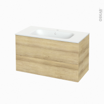Meuble de salle de bains - Plan vasque NEMA - HOSTA Chêne Naturel - 2 tiroirs - Côtés décors - L100,5 x H58,5 x P50,6 cm