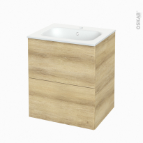 Meuble de salle de bains - Plan vasque NEMA - HOSTA Chêne Naturel - 2 tiroirs - Côtés décors - L60,5 x H71,5 x P50,6 cm