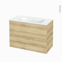 Meuble de salle de bains - Plan vasque NEMA - HOSTA Chêne Naturel - 2 tiroirs - Côtés décors - L100,5 x H71,5 x P50,6 cm