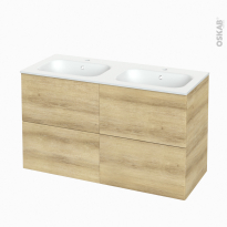 Meuble de salle de bains - Plan double vasque NEMA - HOSTA Chêne Naturel - 4 tiroirs - Côtés décors - L120,5 x H71,5 x P50,6 cm