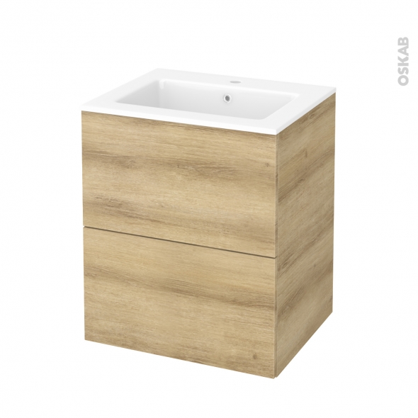 Meuble de salle de bains - Plan vasque NAJA - HOSTA Chêne Naturel - 2 tiroirs - Côtés décors - L60,5 x H71,5 x P50,5 cm