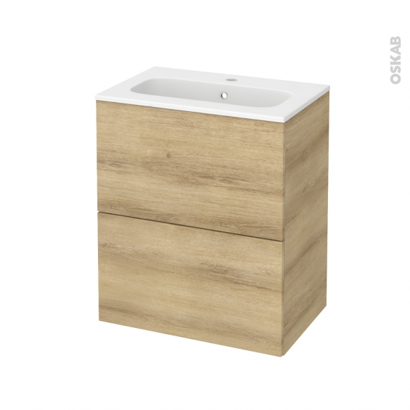 Meuble de salle de bains - Plan vasque REZO - HOSTA Chêne Naturel - 2 tiroirs - Côtés décors - L60,5 x H71,5 x P40,5 cm