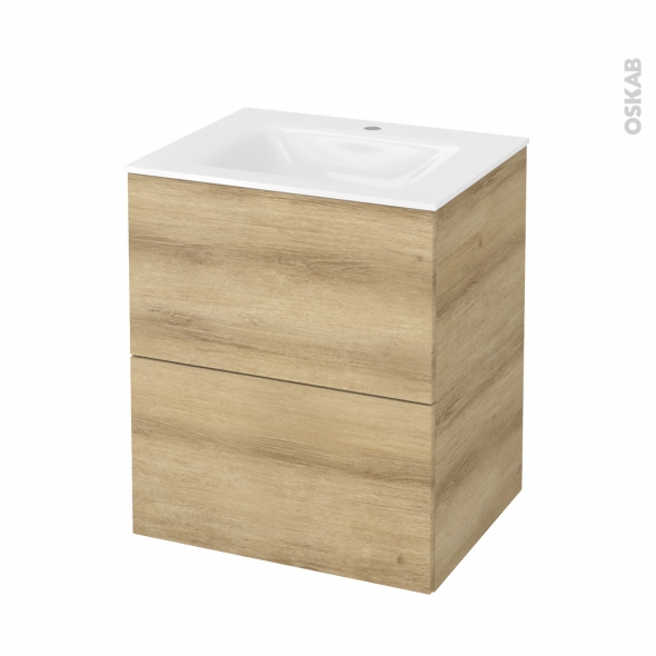 Meuble de salle de bains - Plan vasque VALA - HOSTA Chêne Naturel - 2 tiroirs - Côtés décors - L60,5 x H71,2 x P50,5 cm