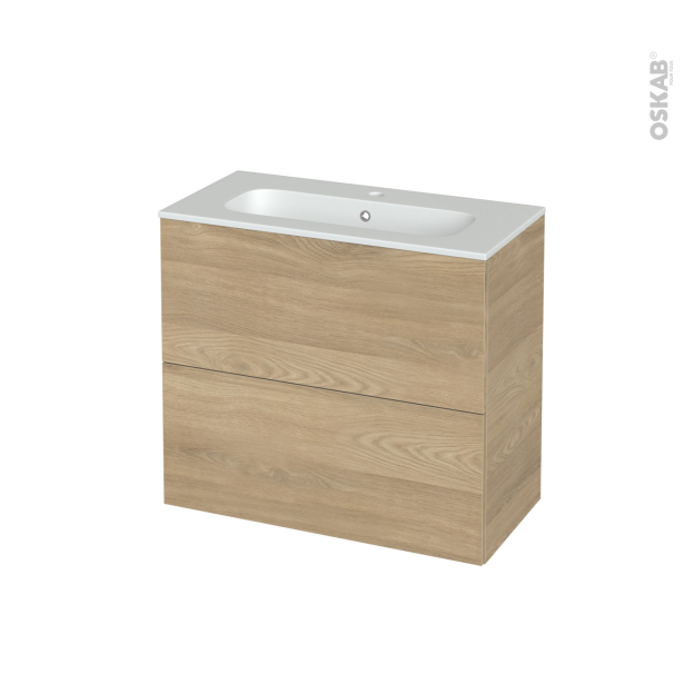 Meuble de salle de bains Plan vasque REZO <br />HOSTA Chêne prestige, 2 tiroirs, Côtés décors, L80.5 x H71.5 x P40.5 cm 