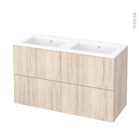 Meuble de salle de bains - Plan double vasque NAJA - IKORO Chêne clair - 4 tiroirs - Côtés décors - L120,5 x H71,5 x P50,5 cm